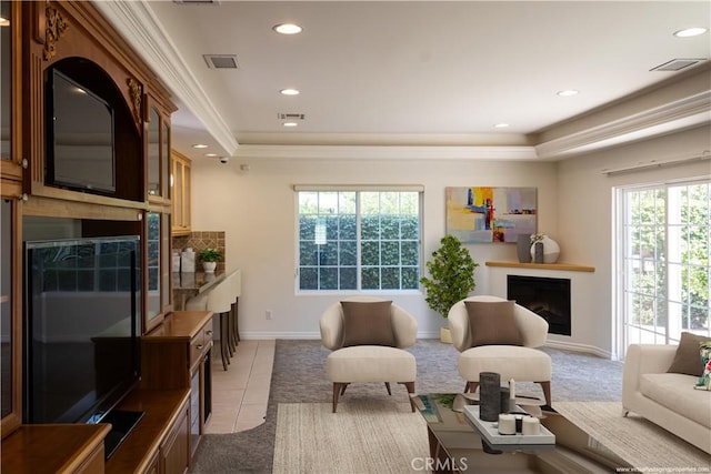 7264 W 88th Pl, Los Angeles, CA 90045 - living area with a raised ceiling, recessed lighting, baseboards, light tile patterned flooring, and a fireplace