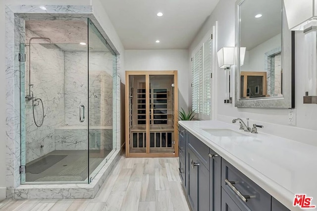 bathroom featuring vanity with extensive cabinet space and a shower with door