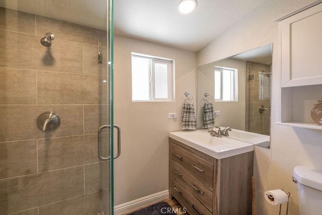 bathroom with vanity, toilet, and a shower with door