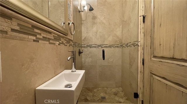 bathroom with walk in shower and sink