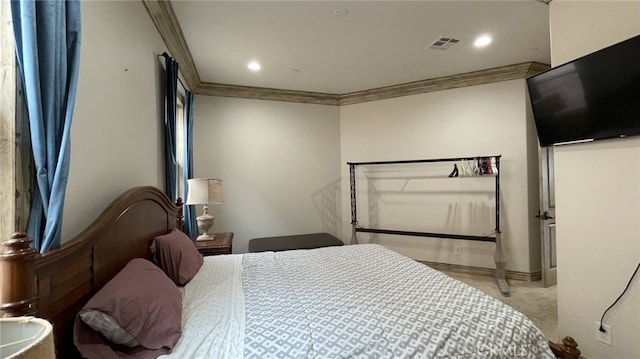 carpeted bedroom with crown molding