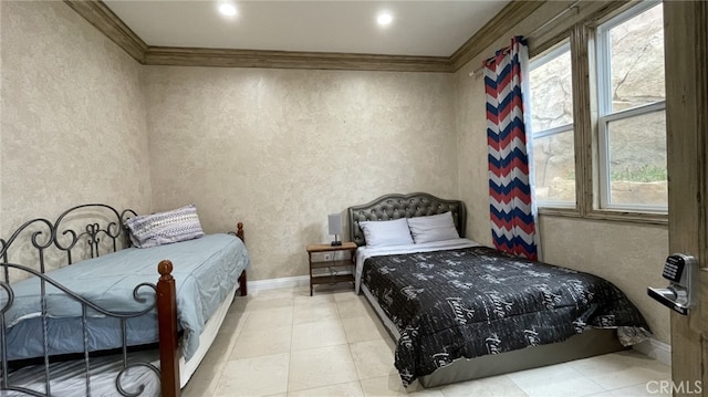 bedroom with ornamental molding, light tile flooring, and multiple windows