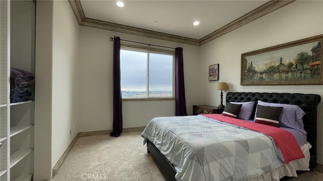 bedroom featuring carpet and crown molding