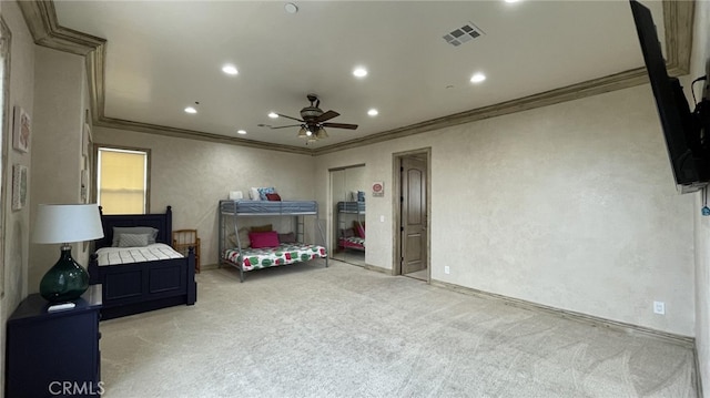 bedroom featuring light carpet and crown molding