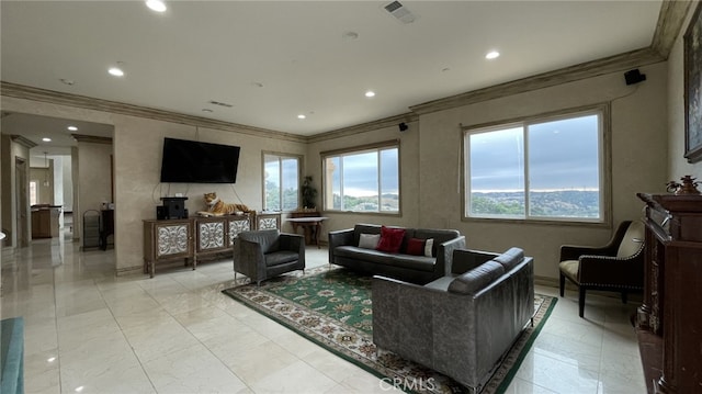 living room with ornamental molding and light tile flooring