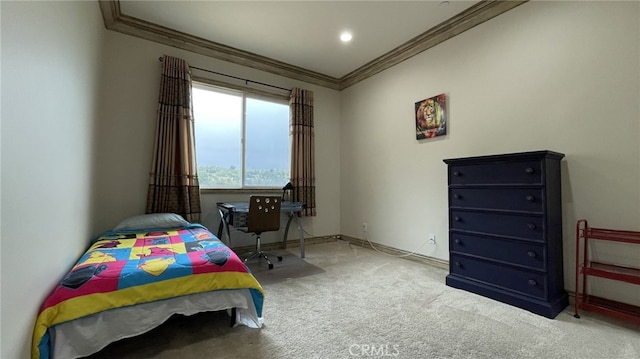 bedroom featuring carpet and crown molding