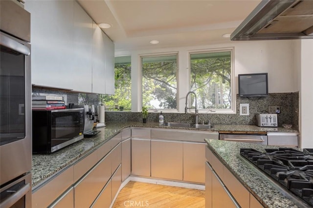 kitchen featuring appliances with stainless steel finishes, sink, exhaust hood, and stone counters