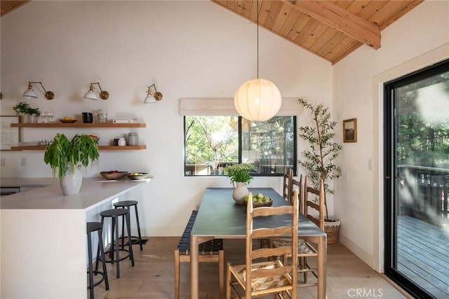 dining space with lofted ceiling with beams, light hardwood / wood-style floors, and wooden ceiling