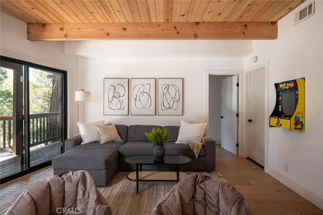 living room featuring hardwood / wood-style floors, beam ceiling, and wood ceiling