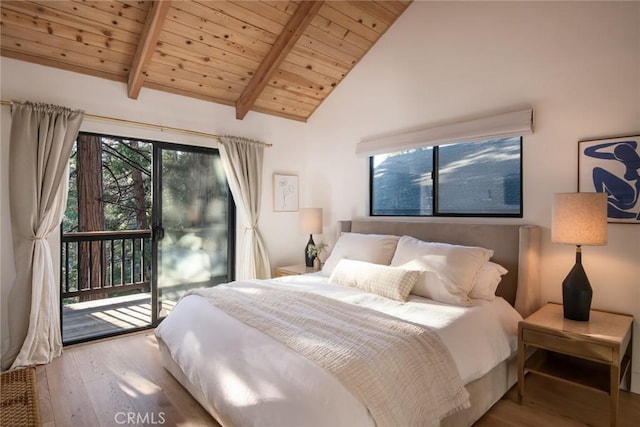 bedroom featuring high vaulted ceiling, access to outside, wood-type flooring, beam ceiling, and wood ceiling