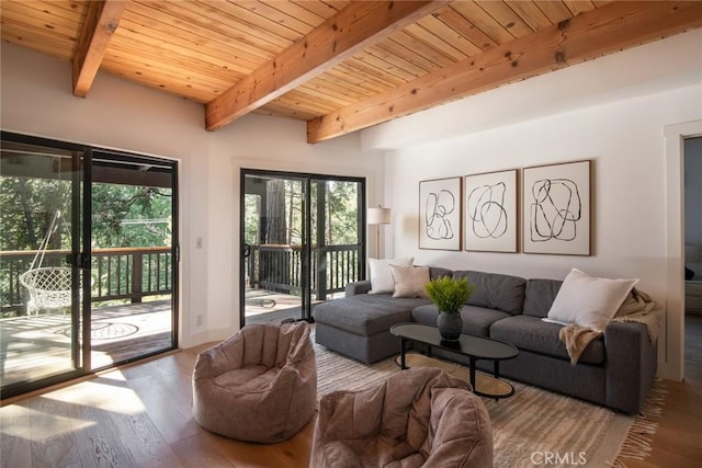 living room featuring beamed ceiling, wood ceiling, and hardwood / wood-style flooring