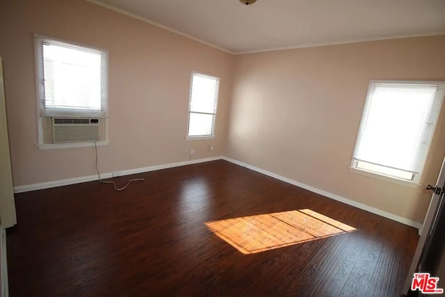 spare room with crown molding and dark hardwood / wood-style floors