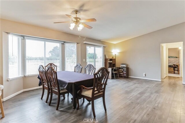 dining space featuring ceiling fan and hardwood / wood-style floors