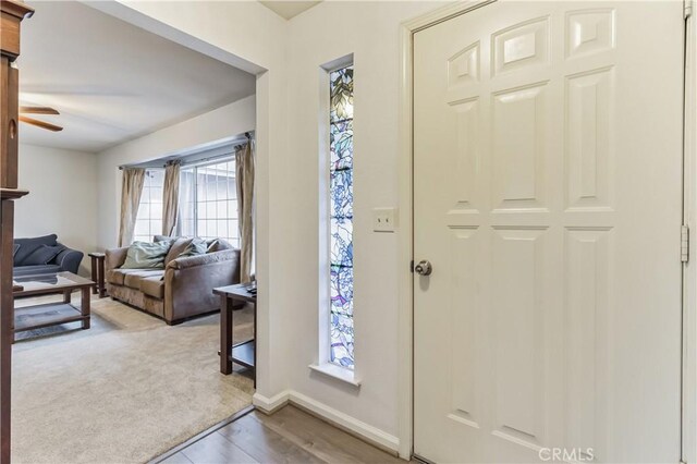 carpeted foyer entrance with a wealth of natural light and ceiling fan