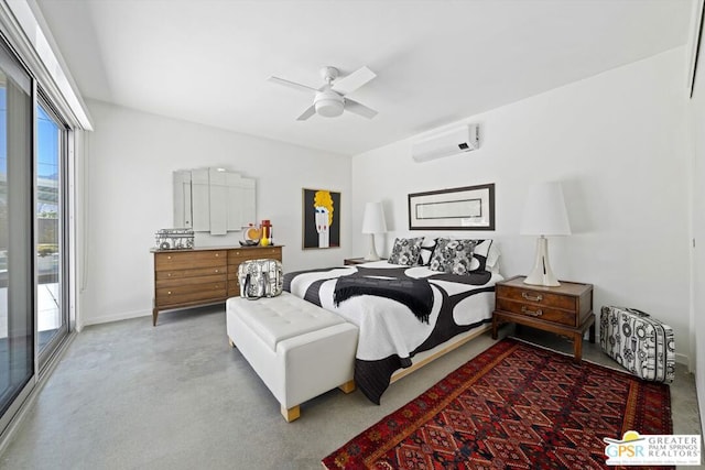 carpeted bedroom featuring a wall mounted air conditioner, ceiling fan, and access to outside