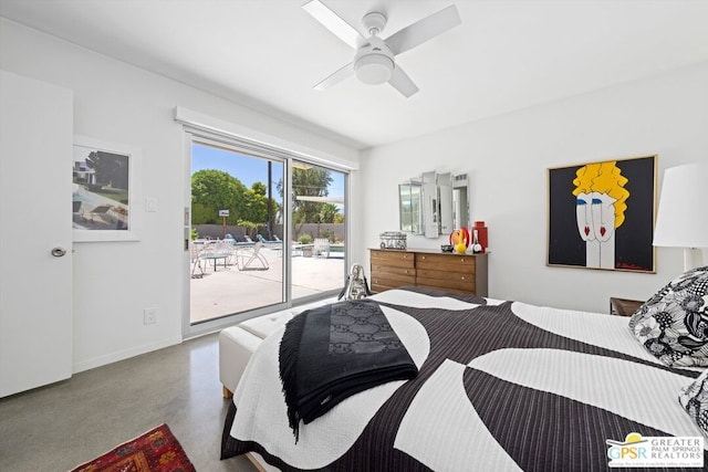 bedroom featuring access to outside, ceiling fan, and concrete floors