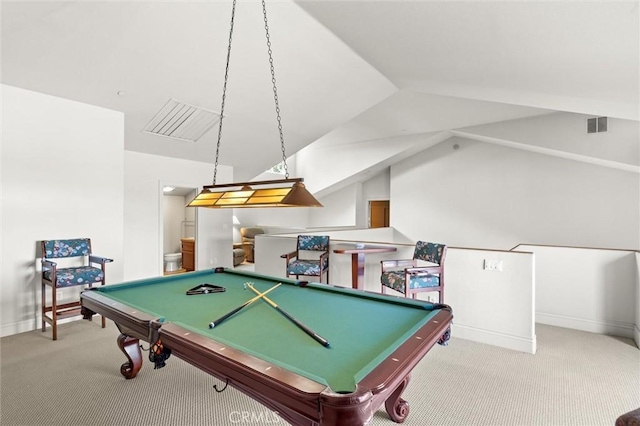 playroom featuring visible vents, baseboards, vaulted ceiling, and light colored carpet