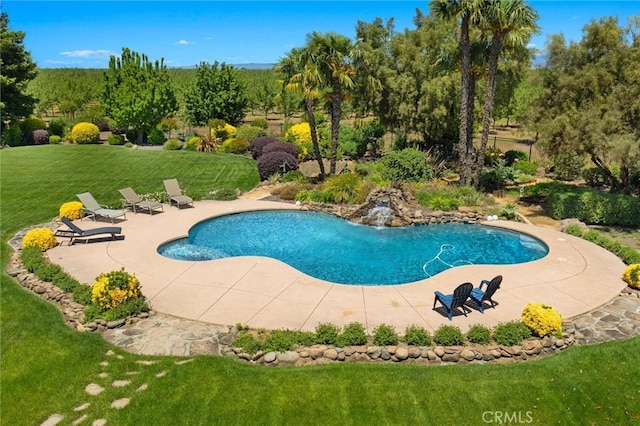 pool featuring a lawn and a patio area