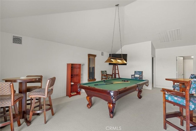 game room with lofted ceiling, light carpet, visible vents, and pool table