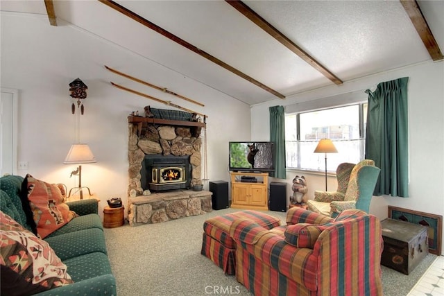 living room featuring carpet flooring, a wood stove, and vaulted ceiling with beams