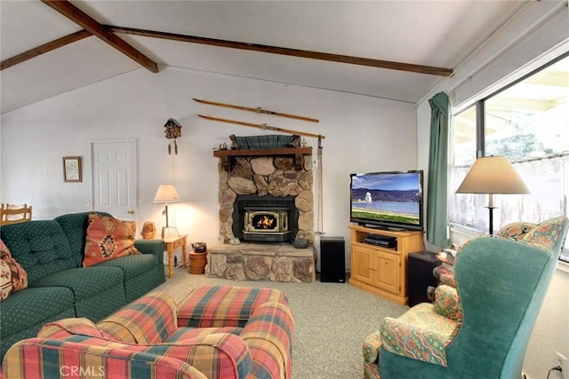 living room with carpet and lofted ceiling with beams