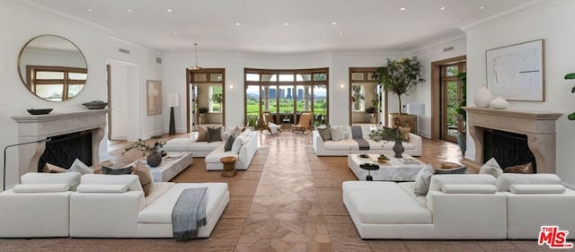 living room with ornamental molding