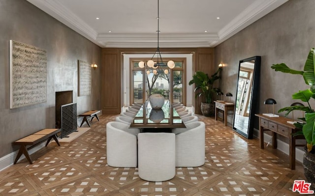 interior space featuring an inviting chandelier and parquet flooring