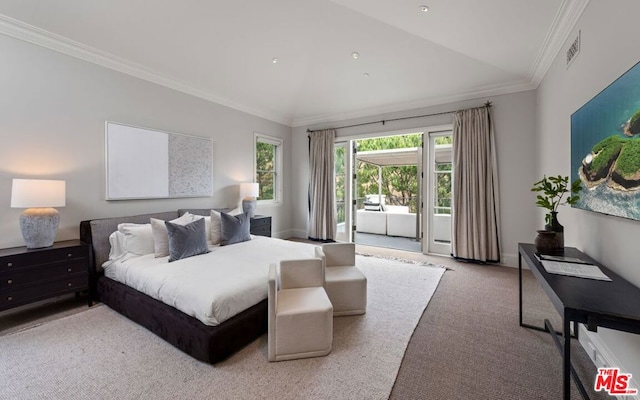 carpeted bedroom featuring ornamental molding, access to outside, and vaulted ceiling