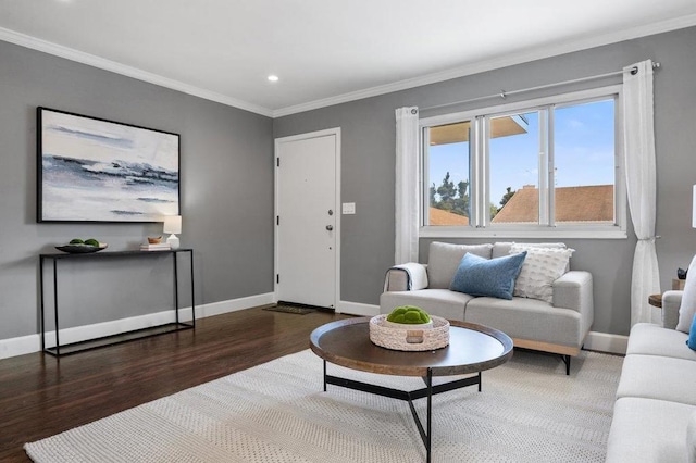 living room with ornamental molding and dark wood-type flooring