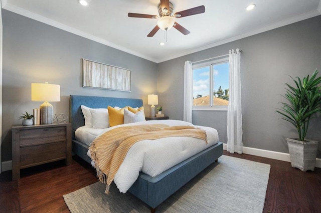 bedroom with ceiling fan, crown molding, and dark wood-type flooring