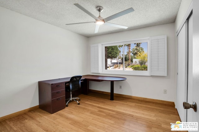 office space featuring ceiling fan, a textured ceiling, and light hardwood / wood-style flooring