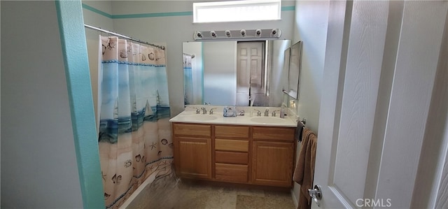 full bathroom with double vanity, a sink, and a shower with curtain