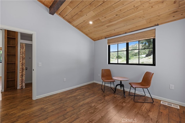 living area featuring wooden ceiling, lofted ceiling with beams, and dark wood-type flooring