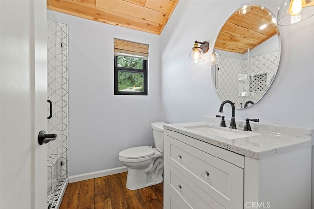 bathroom featuring wood ceiling, vanity, toilet, and hardwood / wood-style floors