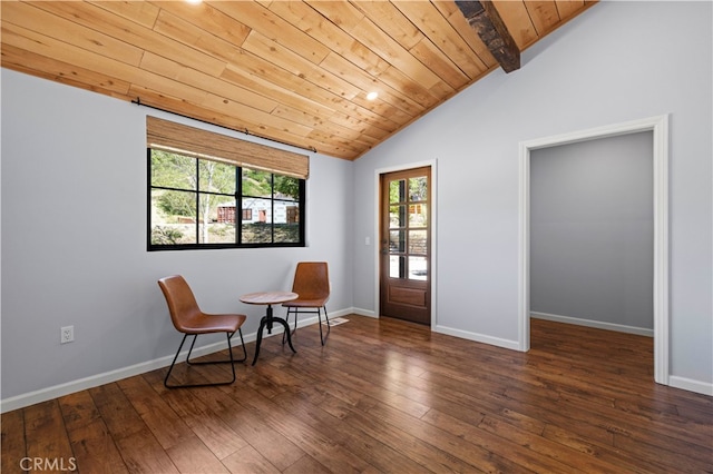 living area featuring wooden ceiling, vaulted ceiling with beams, and dark wood-type flooring