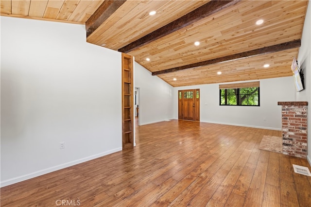 unfurnished living room featuring hardwood / wood-style flooring, lofted ceiling with beams, and wooden ceiling