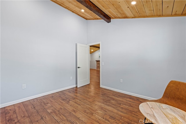 interior space with hardwood / wood-style floors, lofted ceiling with beams, and wood ceiling