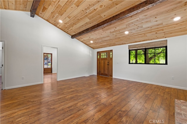 unfurnished living room featuring hardwood / wood-style flooring, vaulted ceiling with beams, and wood ceiling