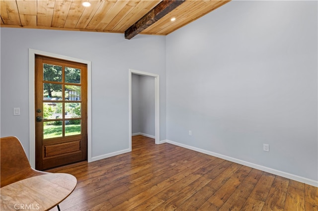 interior space with wood-type flooring, lofted ceiling with beams, and wooden ceiling