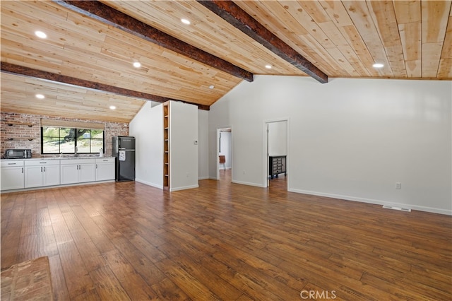 unfurnished living room featuring beamed ceiling, wooden ceiling, and hardwood / wood-style floors