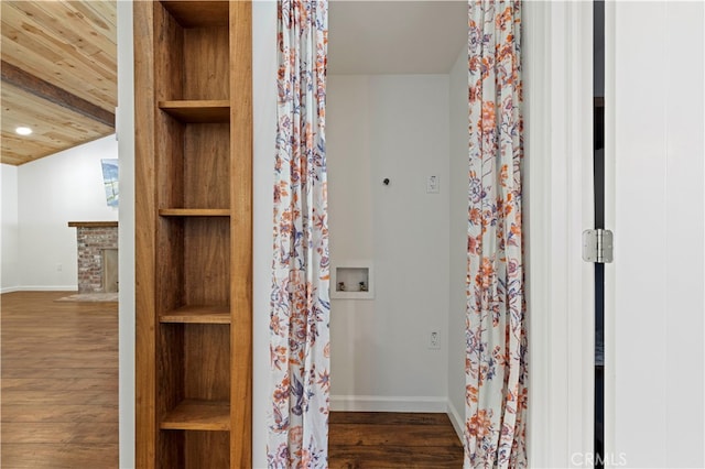 bathroom featuring wood-type flooring and wood ceiling