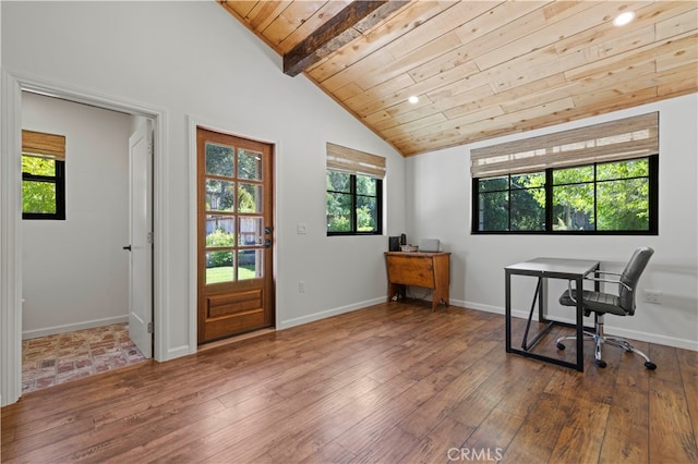 office space with lofted ceiling with beams, hardwood / wood-style flooring, and wood ceiling