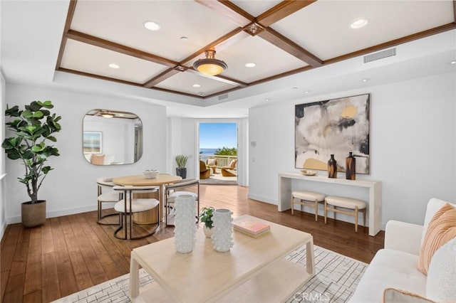 living room featuring baseboards, visible vents, coffered ceiling, wood finished floors, and recessed lighting