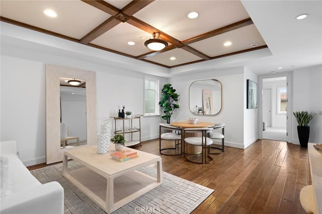 living area featuring wood-type flooring, baseboards, coffered ceiling, and recessed lighting