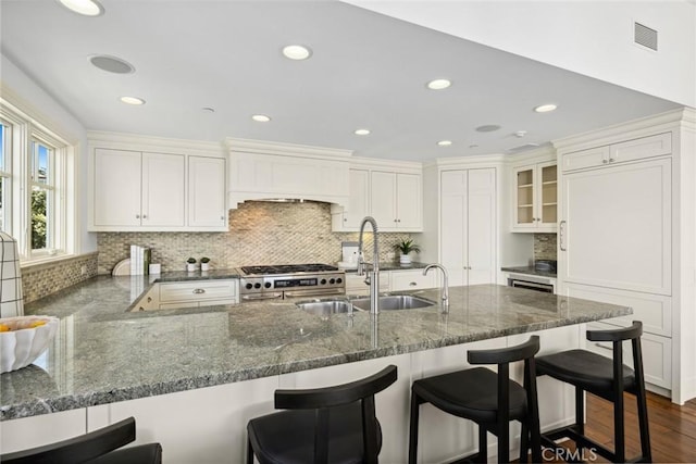 kitchen featuring dark stone counters, custom range hood, a kitchen bar, and high end stainless steel range