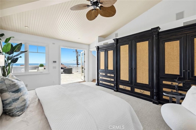 bedroom featuring lofted ceiling, access to exterior, ceiling fan, and light colored carpet