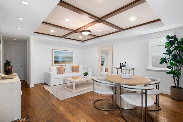 living area featuring hardwood / wood-style flooring, baseboards, coffered ceiling, and recessed lighting