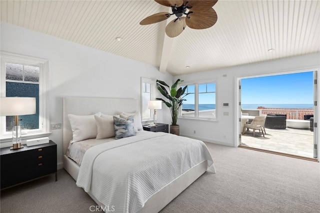 bedroom with lofted ceiling with beams, carpet flooring, a ceiling fan, access to exterior, and baseboards