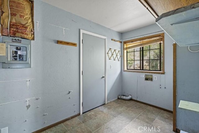 clothes washing area with electric panel and hookup for a washing machine