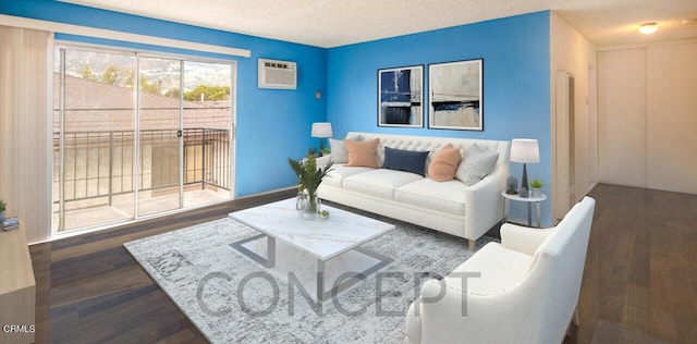 living room with a wall mounted AC, dark hardwood / wood-style flooring, and a textured ceiling